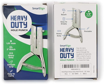 SmartSign Single Hole Heavy Duty Hand Held Hole Punch - 18 inch (3 mm) Hole Punch, 2 inch reach, for Id card, PVC Card, Badge, foil, 5" Tall, Silver