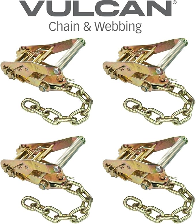 VULCAN Ratchet Buckle - 2 Inch Wide Handle with Chain Tail - 4 Pack - 3,300 Pound Safe Working Load