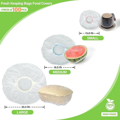 3rd Upgraded Plastic Bowl Covers, 100PCS Bowl Lids for Bread Proofing, 3 Sizes Plastic Covers for Bowls with Elastic, Food Grade Safe Material Food Lids, Reusable