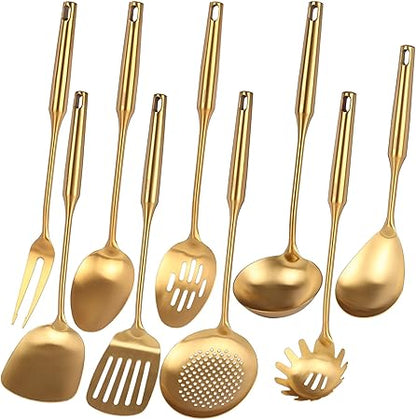 Gold Kitchen Utensils Set - 1810 Stainless Steel Cooking Tools, 15" All Metal Serving Utensils with Fork, SolidSlotted Spoon, Spatula, Ladle, Skimmer, Tunner, Pasta Spoon, Large Spoon, Set of 9