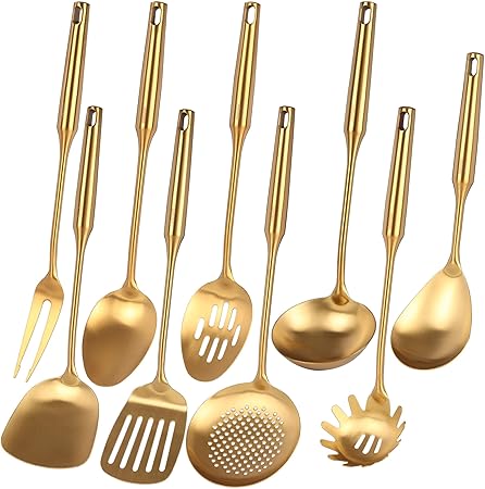 Gold Kitchen Utensils Set - 1810 Stainless Steel Cooking Tools, 15" All Metal Serving Utensils with Fork, SolidSlotted Spoon, Spatula, Ladle, Skimmer, Tunner, Pasta Spoon, Large Spoon, Set of 9