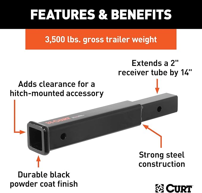 CURT 45795 14-Inch Long Trailer Hitch Extension for 2-Inch Receiver, 3,500 lbs