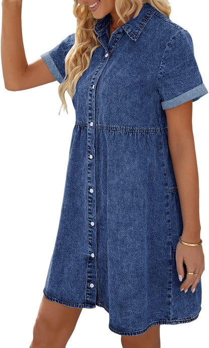 LookbookStore Women's Short Sleeve Button Down Flowy Tiered Babydoll Denim Dress .