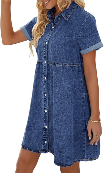 LookbookStore Women's Short Sleeve Button Down Flowy Tiered Babydoll Denim Dress .
