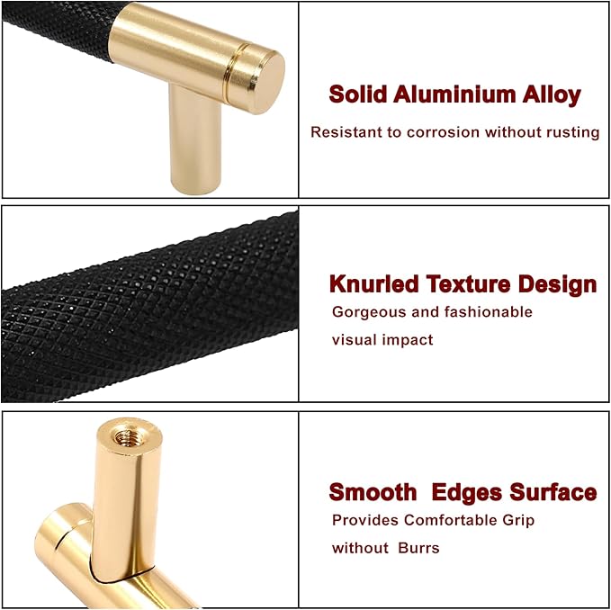 2 Pack 5"128mm Knurled Cabinet Handles Dresser Cabinet Pulls Aluminum Alloy Drawer Cabinet Hardware for Dresser Drawers Cupboard, Gold  Black