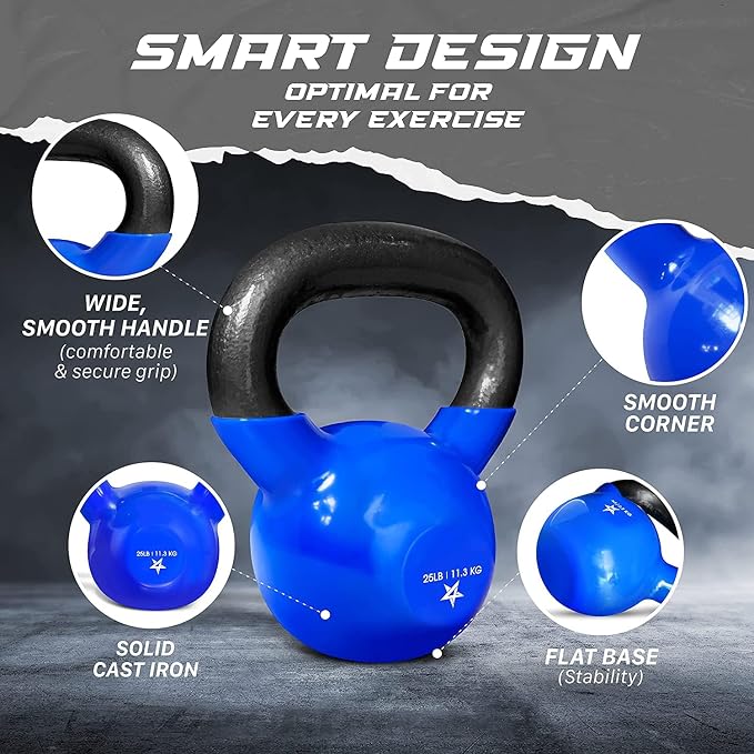 Yes4All Kettlebell, 25 LB Vinyl Coated Cast Iron Strength Training Kettlebells for Home Gym Exercises, Fitness, Full Body Workout Equipment, Push Ups, and Grip Strength