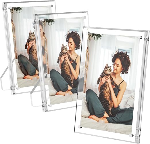 AITEE 5x7 Acrylic Picture Frames 3 Pack, Clear Picture Frames with Stand, Magnetic Frame Acrylic Lucite Frameless Transparent Cubes Floating Gift for Home Office Desktop Display Horizontally or