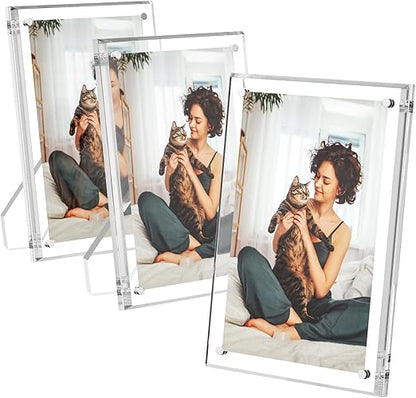AITEE 5x7 Acrylic Picture Frames 3 Pack, Clear Picture Frames with Stand, Magnetic Frame Acrylic Lucite Frameless Transparent Cubes Floating Gift for Home Office Desktop Display Horizontally or