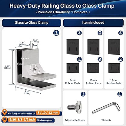 LukLoy Railing Glass to Glass Clamp, Stainless Steel 304 Bracket for Glass Balustrade Railing Pool Fence (1 Piece 90)