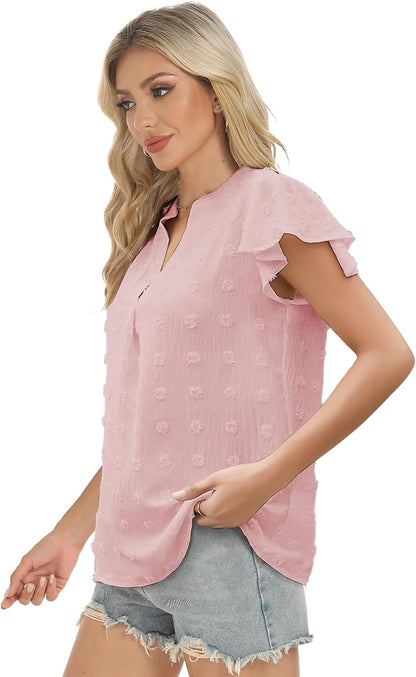 Womens Blouse V Neck Ruffle Short Sleeve Flowy Shirts Dressy Casual Cute Summer Tops Tunic Fashion Clothes