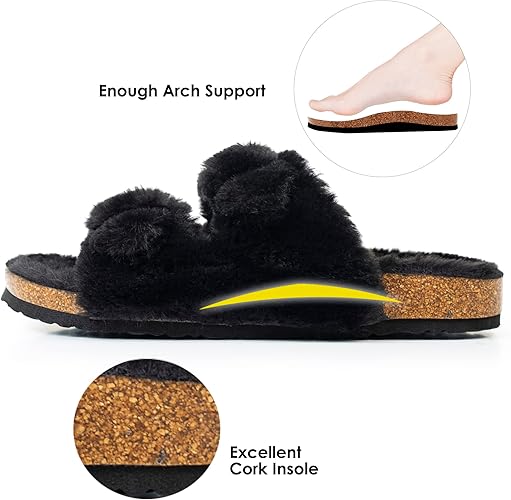 FITORY Womens Open Toe Slipper with Cozy Lining,Faux Rabbit Fur Cork Slide Sandals