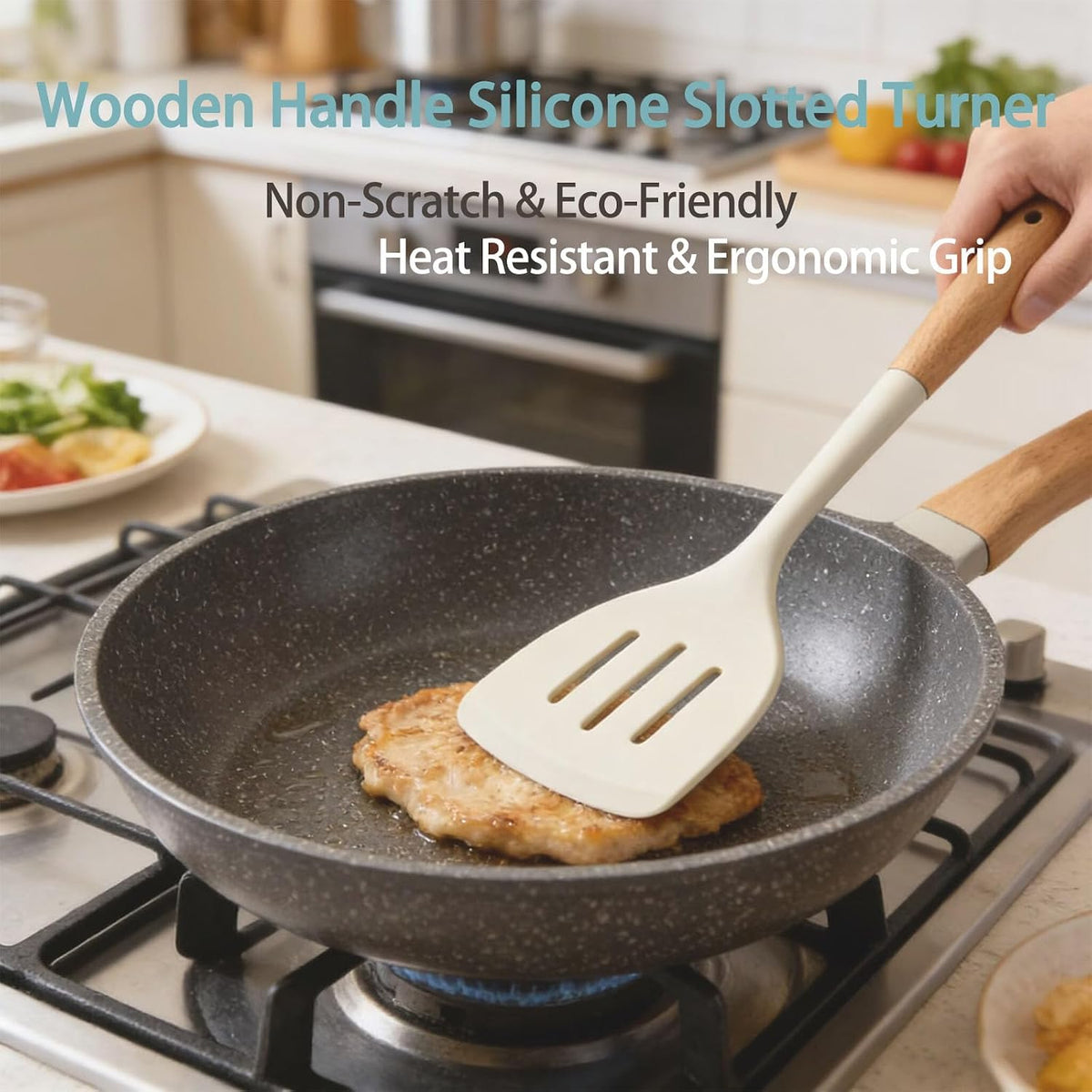 Silicone Slotted Spatula Turner Nonstick Kitchen Turner with Wooden Handle Flexible Fish Spatula for Eggs Pancakes Fish Frying Flipping and Daily Cooking