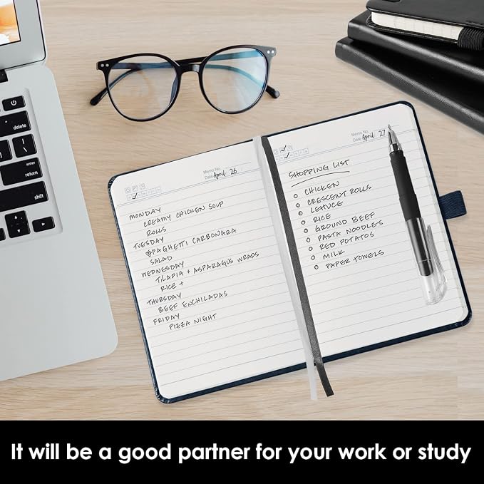 (4 Pack) Pocket Notebook Small Journal with Pen, 3.7" x 5.7", A6 Mini Notebook for Women Men Work Writing, Hardcover Small Pocket Notepad with 100Gsm Premium Thick Lined Paper, Black Leather