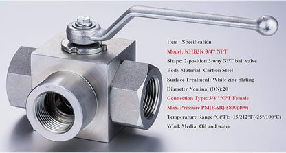 Taixin 3way Hydraulic Ball Valve 34 inch NPT Female Hydraulic Valve 5800PSI KHB3K L-Bore High Pressure Ball Valve