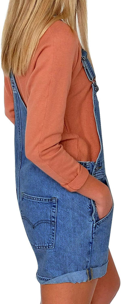 luvamia Women's Casual Adjustable Strap Cuffed Hem Denim Bib Overalls Shorts Romper