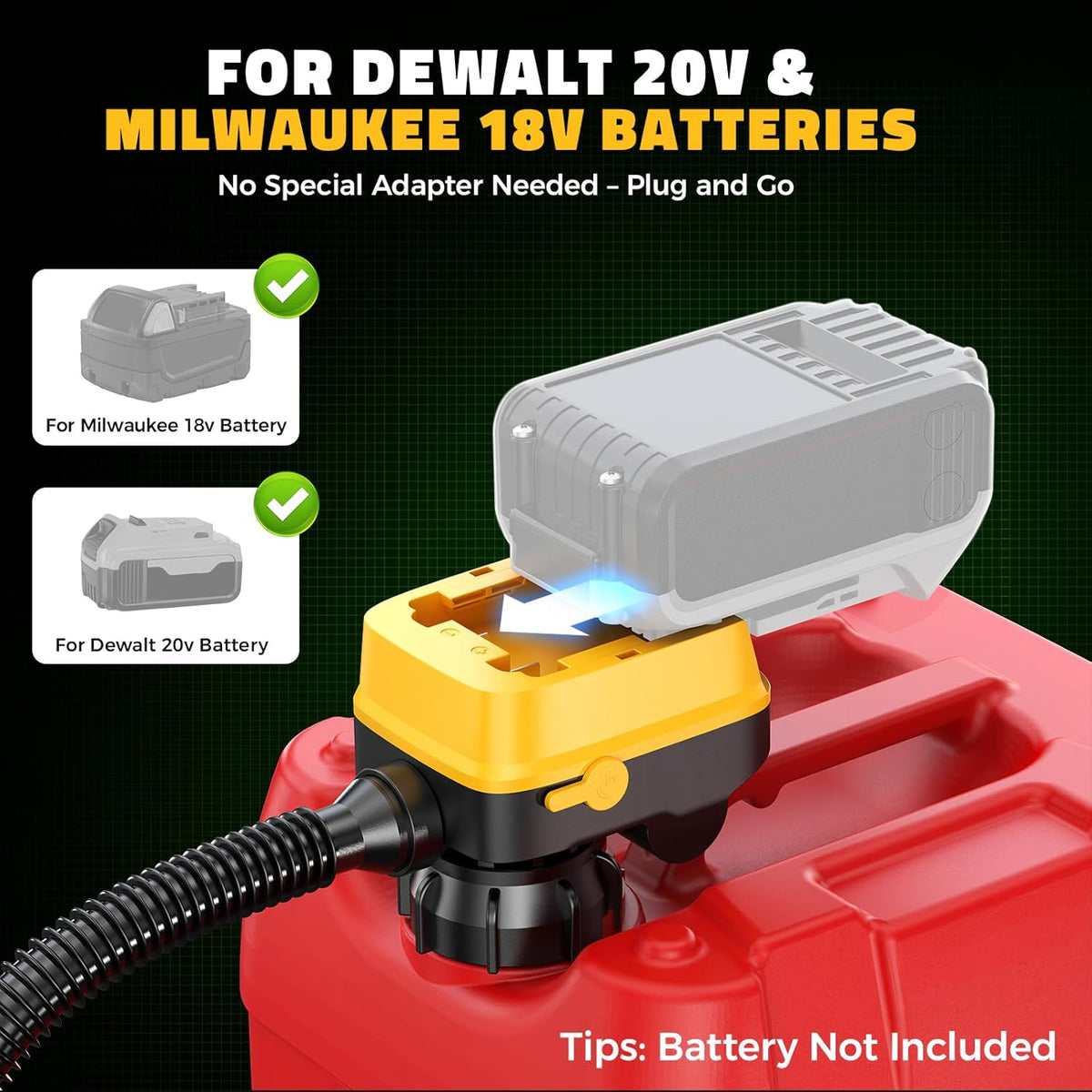 DIYtoolifz Cordless Fuel Transfer Pump with Auto-Stop, 3.2 GPM Flow Portable Fuel Pump Compatible with DeWalt 20V & Milwaukee 18V Batteries, with 41'' Hose, 3 Adapters for Diesel, Gasoline (Bare Tool) (box damaged)