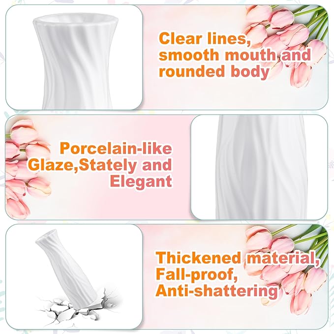 Hoolerry 12 Pcs White Flower Vases Bulk for Centerpieces Plastic White Bud Vase for Flowers Ceramic Look Flower Vase Decorative Tall Unbreakable Vase for Flowers Home Office Table(Elegant Style)