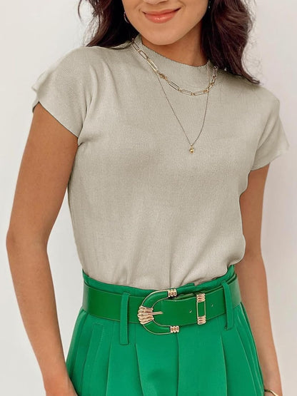 Saodimallsu Womens Short Sleeve Sweater Mock Neck Summer Casual Basic Knit Slim Fitted Pullover Tops Shirt