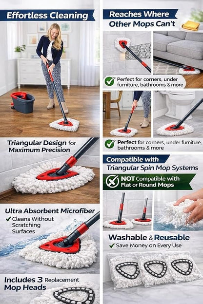 Triangular Microfiber Spin Mop Replacement Heads, Pack of 1 – Washable Mop Refills for Hard Floors
