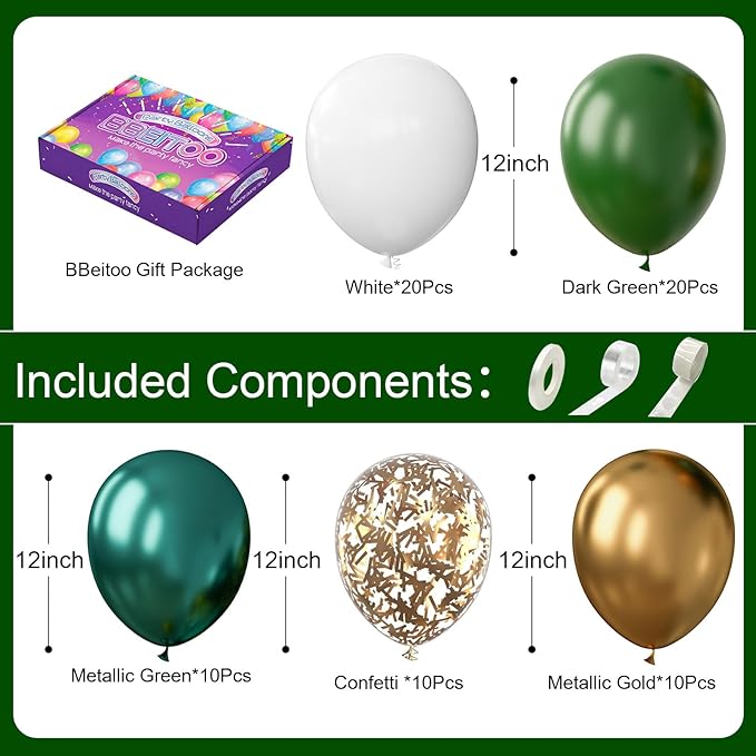 Dark Green and Gold Metallic Balloons 12inch Green Gold White Balloons for Jungle Theme Green and Gold Party Decorations