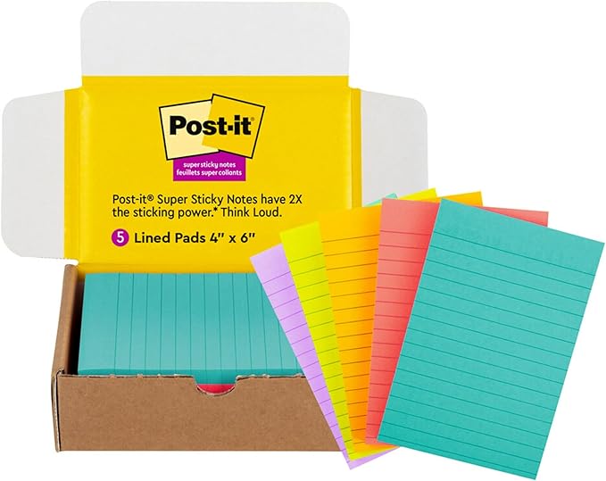 Post-it Super Sticky Lined Notes, 5 Sticky Note Pads, 4x6 in, 2X The Sticking Power, Back to School Supplies for Students, Sticky Notes for Textbooks, Notebooks, Walls and Vertical Surfaces