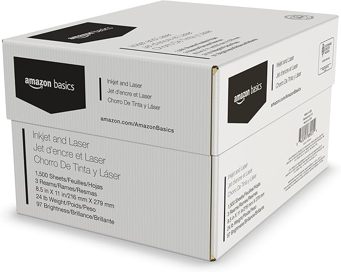 Basics Multipurpose Copy Printer Paper, 8.5-x-11-inch, 24lb, 1500 Sheets (3 Packs of 500), 97 Bright, White