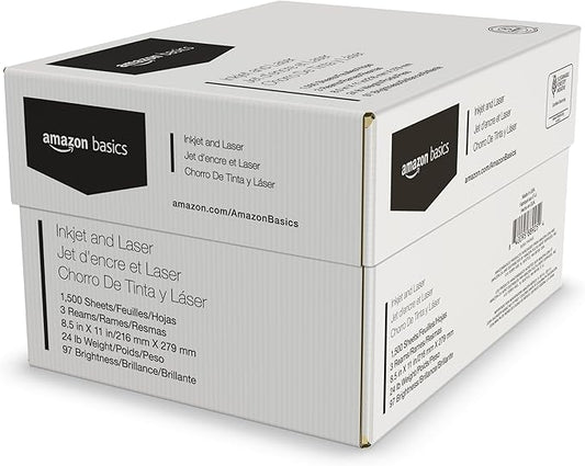 Basics Multipurpose Copy Printer Paper, 8.5-x-11-inch, 24lb, 1500 Sheets (3 Packs of 500), 97 Bright, White