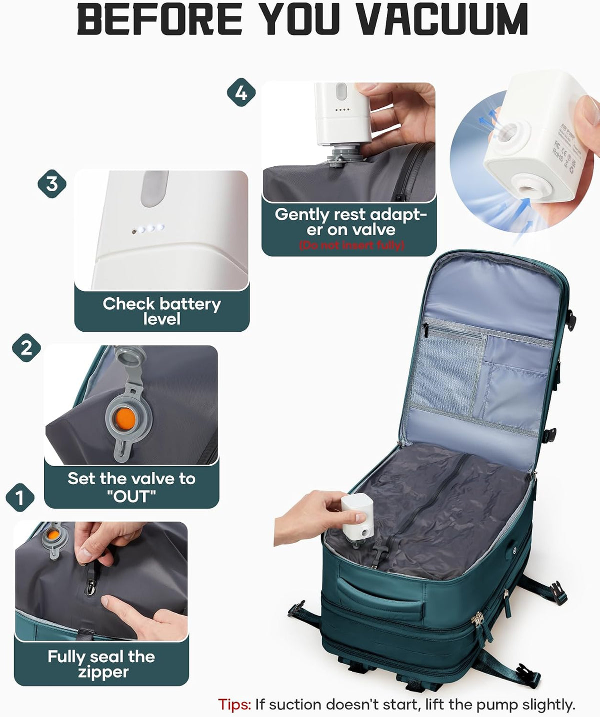 wepadre Vacuum Travel Backpack with Pump Travel Backpack with Vacuum System Expandable Vacpack Compression Backpacks for Travel Easy Vac Pack Carry on Luggage