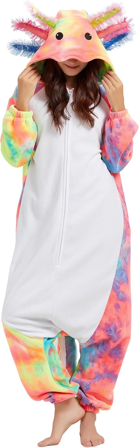 Unisex Axolotl Costume Adult Onesie, One Piece Pajamas, Halloween Cosplay Costumes Homewear Jumpsuit,Animal Onesie
