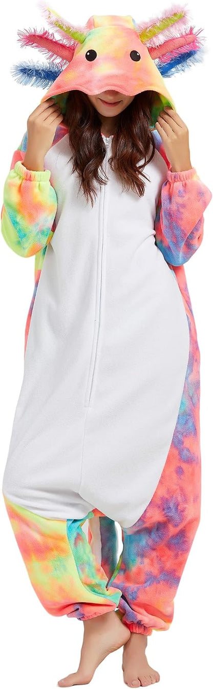 Unisex Axolotl Costume Adult Onesie, One Piece Pajamas, Halloween Cosplay Costumes Homewear Jumpsuit,Animal Onesie