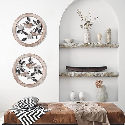 2 Pieces Ultra-thick Farmhouse Wall Decor Bird on Tree Branch Kitchen Wall Decor Rustic Wood Bird Wall Art for Outdoor Kitchen Bathroom Bedroom Living Room 11.8 * 11.8inch