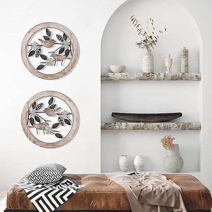 2 Pieces Ultra-thick Farmhouse Wall Decor Bird on Tree Branch Kitchen Wall Decor Rustic Wood Bird Wall Art for Outdoor Kitchen Bathroom Bedroom Living Room 11.8 * 11.8inch