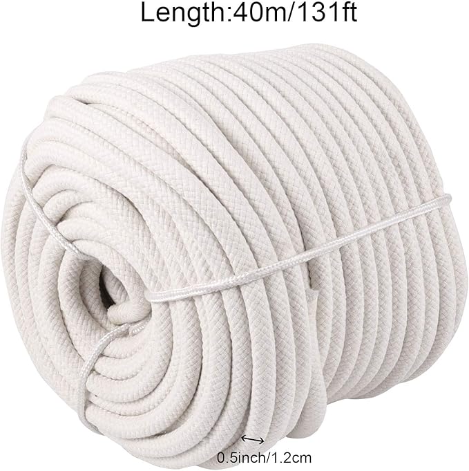 ZOENHOU 131 Feet 12 Inch White Braided Cotton Rope, Natural Durable Cotton Twisted Rope, Cotton Clothesline Rope for Crafting DIY Handmade Projects