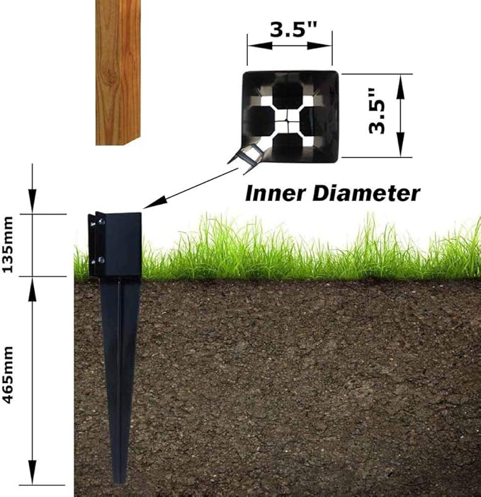 Fence Post Anchor Ground Spike Metal Black Powder Coated 24 x 4 x 4 Inches Outer Diameter (Inner Diameter 3.5 x3.5 Inches), Pack of 1