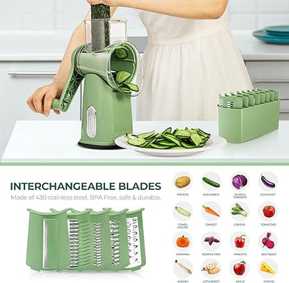 SUSTEAS Rotary Cheese Grater with Handle - Vegetable Shredder with 5 Well-designed Blades  Strong Suction Base,Round Mandoline Slicer  Food Chopper for Kitchen,with Blade Storage Box(Retro Green)