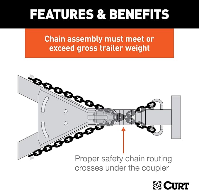 CURT 80010 48-Inch Trailer Safety Chain with 38-In S-Hooks, 2,000 lbs Break Strength