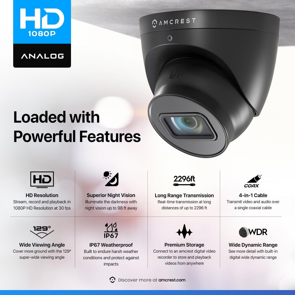 Amcrest Full HD 1080P Bullet Outdoor Security Camera (Quadbrid 4-in1 HD-CVI/TVI/AHD/Analog), 2-Megapixel, 98ft Night Vision, Metal Housing, 3.6mm Lens 90° Viewing Angle, Black (AMC1080BC36-B)