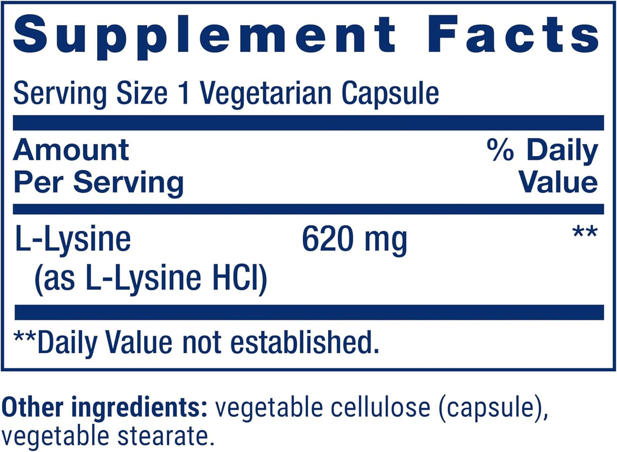 Life Extension L-Lysine, 620 mg, Essential Amino Acid for Healthy nitrogen Balance, Calcium Metabolism, Stress Response & More, Gluten-Free, Non-GMO, Vegetarian, 100 Capsules