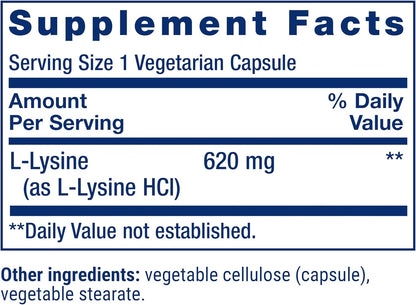 Life Extension L-Lysine, 620 mg, Essential Amino Acid for Healthy nitrogen Balance, Calcium Metabolism, Stress Response & More, Gluten-Free, Non-GMO, Vegetarian, 100 Capsules