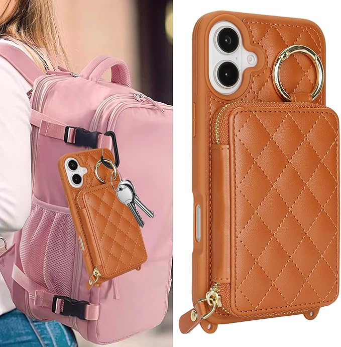 for iPhone 16 Plus Case Wallet with Card Holder for Women,for iPhone 16 Plus Phone case Wallet with Strap Credit Card Slots Crossbody with Kickstand Zipper Case-Brown