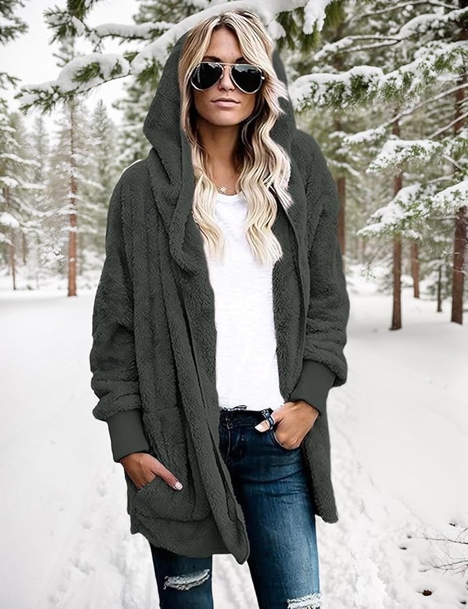 Zilcremo Women Hooded Cardigan Fuzzy Jacket Winter Open Front Fleece Coat Outwear with Pockets