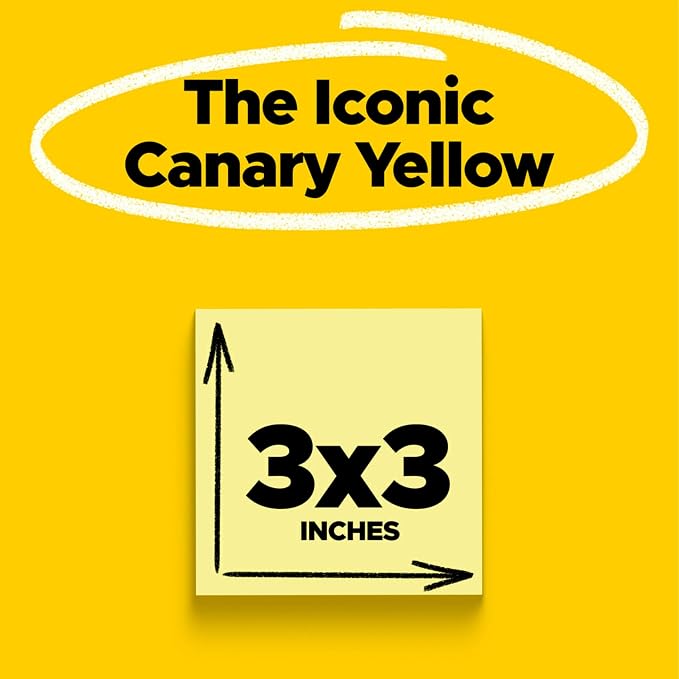 Post-it Notes, 3 in x 3 in, 18 Sticky Notes Pads, 100 Sheets per Pad, The Iconic Canary Yellow Note, School Supplies and O?ce Products