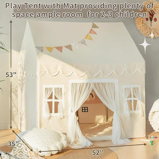 Kids Play Tent with Padded Mat, Large Play House Kids Tents for Girls and Boys, Toddler Castle Toys Bed Tents Playhouse Indoor, Neutral