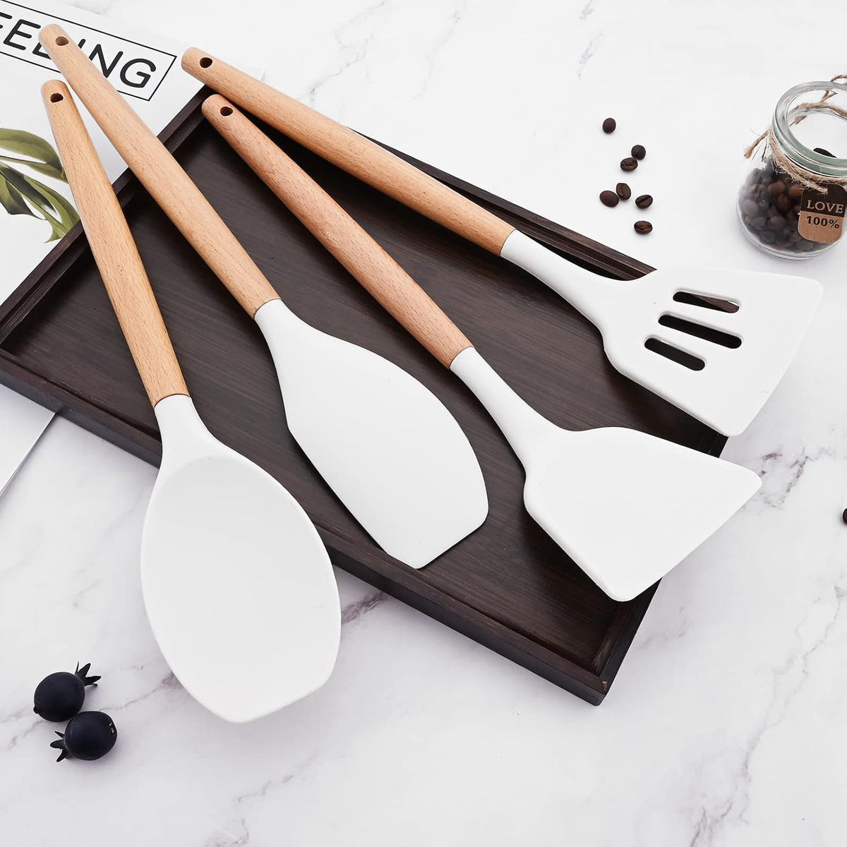 Carote1pc Silicone Slotted Spoon With Wooden Handle, Heat Resistant Cooking Utensils, Mixing Spoon, Cooking Backing Spoons Set For Stirring, Mixing And Serving - Spatula