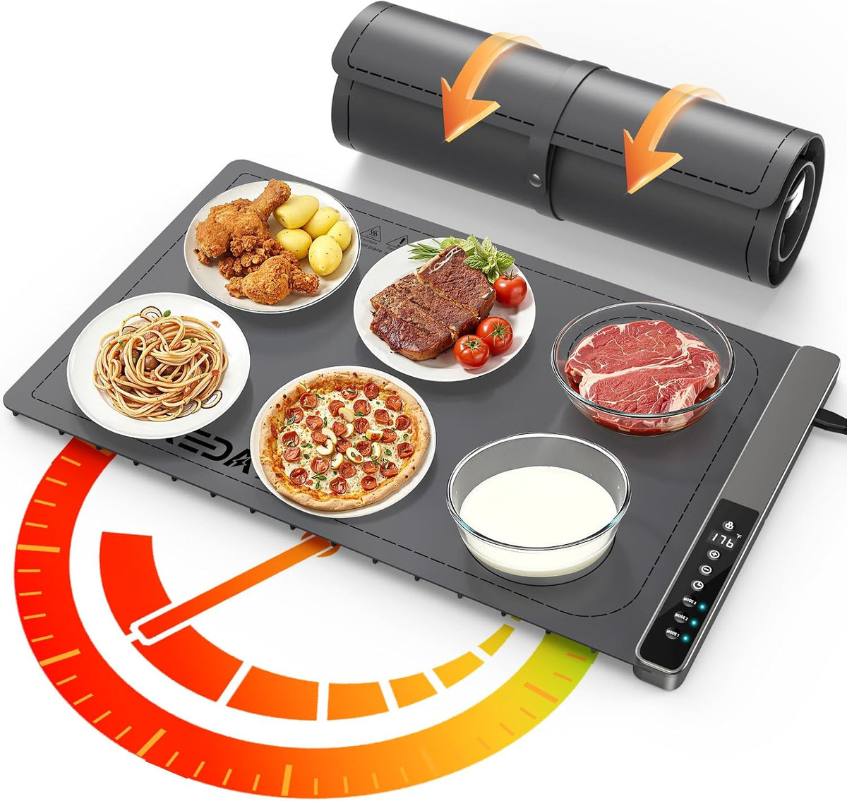 Food Warming Mat with 3-Zone Heating Mode, Redagod Electric Warming Tray with 9 Temperature & 8 Timer Settings, Hook and Roll Up Storage, Portable Countertop Food Heating Mat for Home Daily Use, Gray