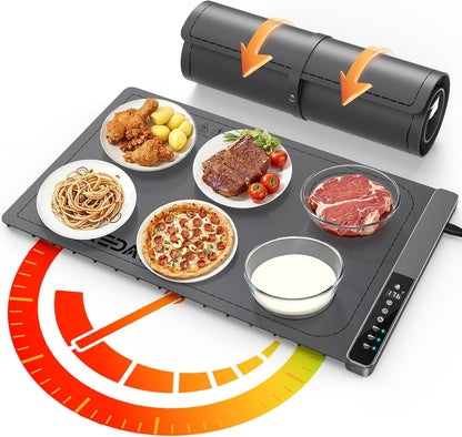 Food Warming Mat with 3-Zone Heating Mode, Redagod Electric Warming Tray with 9 Temperature & 8 Timer Settings, Hook and Roll Up Storage, Portable Countertop Food Heating Mat for Home Daily Use, Gray