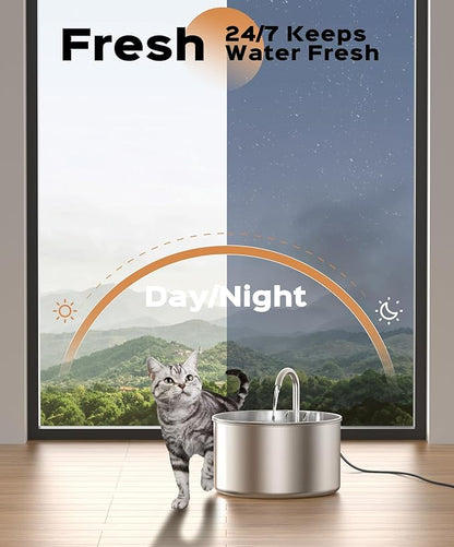 Cat Water Fountain Stainless Steel  8 filters  8 Sponges - Pet Water Fountains Faucet Metal Automatic CatDog Waterer Bowls Pets Watering Running Bottle Water Dispenser for Drinking Ultra Quiet Pump