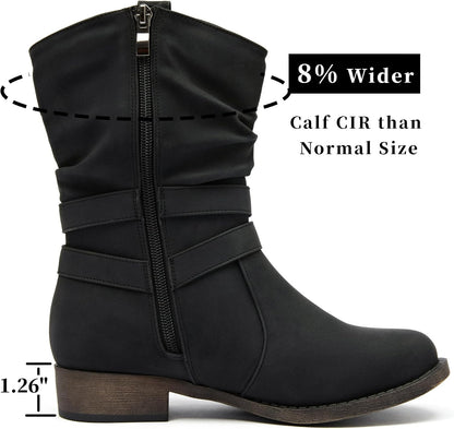 Women's Mid-Calf Cowboy Cowgirl Boots with Low Chunky Heel, Side Zipper, Motorcycle Style, Classic Round Toe,Fashion Western (Black/Dark Brown/Grey) Boots.