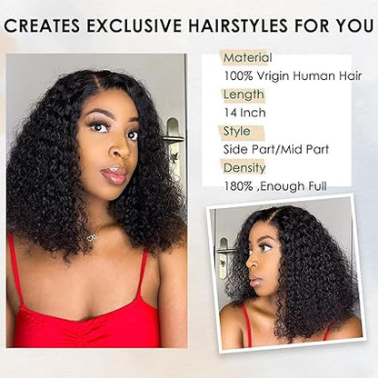 OCTSUN Curly Bob Wig Human Hair for Black Women - Glueless Wigs Human Hair Pre Plucked with Baby Hair Deep Wave 13x4 Lace Front Wigs Wet and Wavy Brazilian Human Virgin Hair Wigs 14 Inch 180% Density