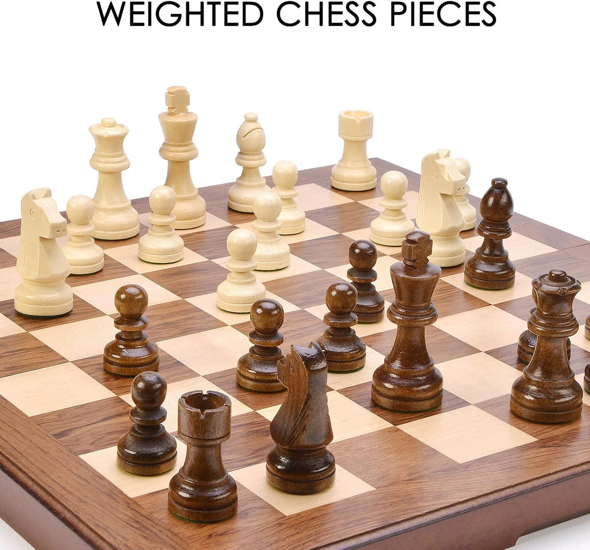 AMEROUS Wooden Chess & Checkers Set with Upgraded Weighted Chess Pieces, 15 Inches (2 in 1) Chess Board Games for Kids, Adults w/ 2 Extra Queens / 24 Cherkers Pieces/Gift Package